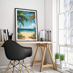 Bahamas Print featuring vibrant palm trees and beach scene on display in a bright room.