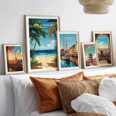 Bahamas Print featuring tropical palm trees and beach in a vibrant travel poster display on a wall.