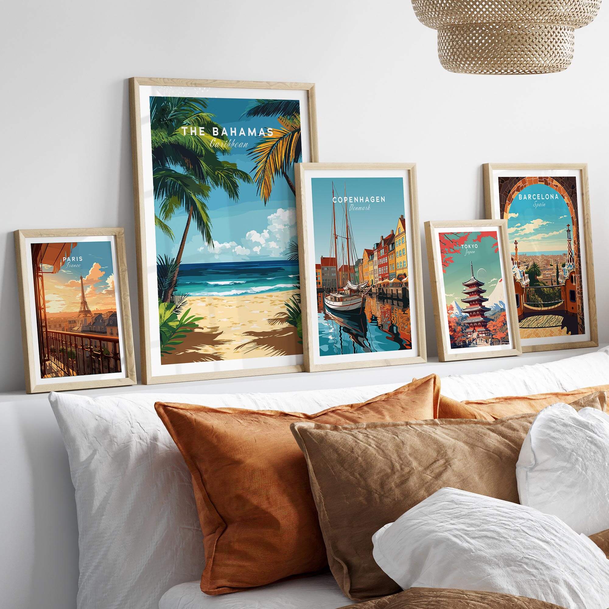 Bahamas Print featuring tropical palm trees and beach in a vibrant travel poster display on a wall.