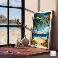 Bahamas Print vibrant beach scene with palm trees and blue skies framed on a windowsill, bringing island vibes indoors.