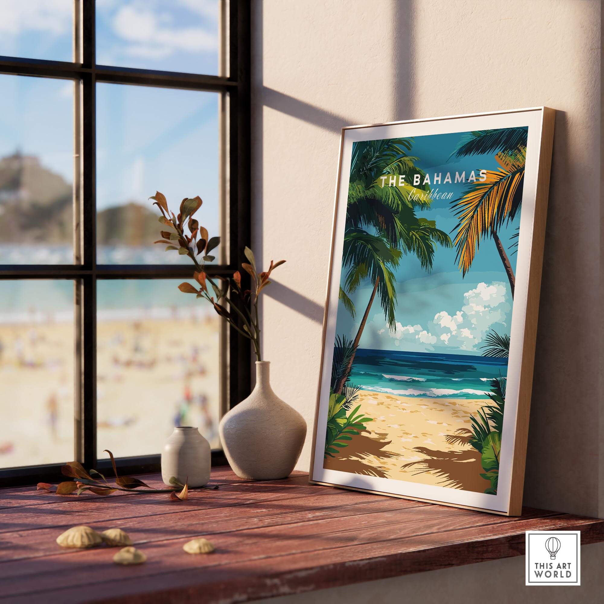 Bahamas Print vibrant beach scene with palm trees and blue skies framed on a windowsill, bringing island vibes indoors.