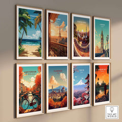 Bahamas Print and vibrant global travel posters on a wall, showcasing iconic destinations and colorful artwork.