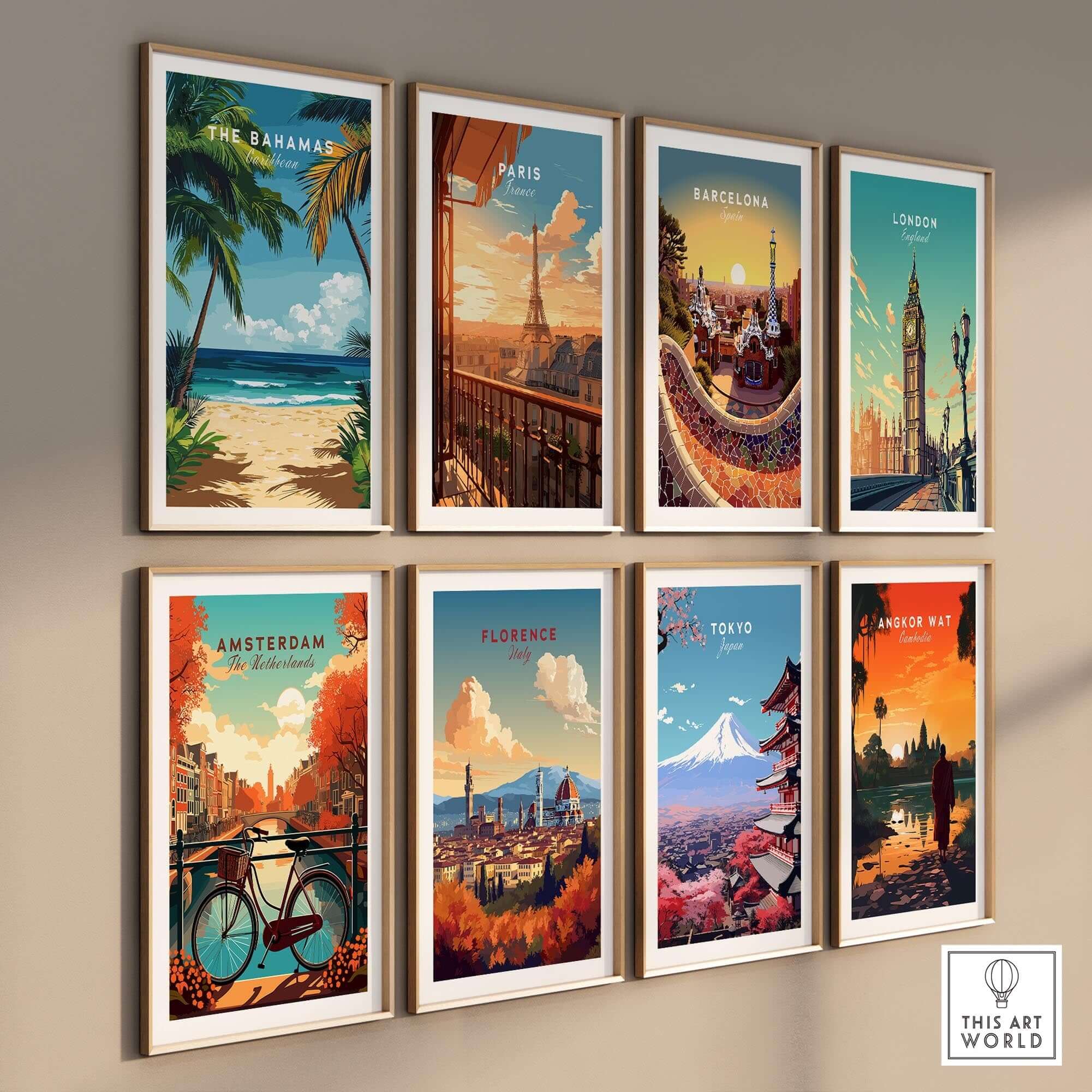 Bahamas Print and vibrant global travel posters on a wall, showcasing iconic destinations and colorful artwork.