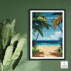 Bahamas Print featuring lush palm trees and beach scene for vibrant Caribbean home decor.
