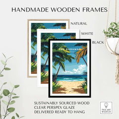 Bahamas Print framed in natural, white, and black frames showcasing vibrant Caribbean scenery.