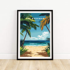 Bahamas Print featuring palm trees and a beach scene, capturing the essence of Caribbean paradise.