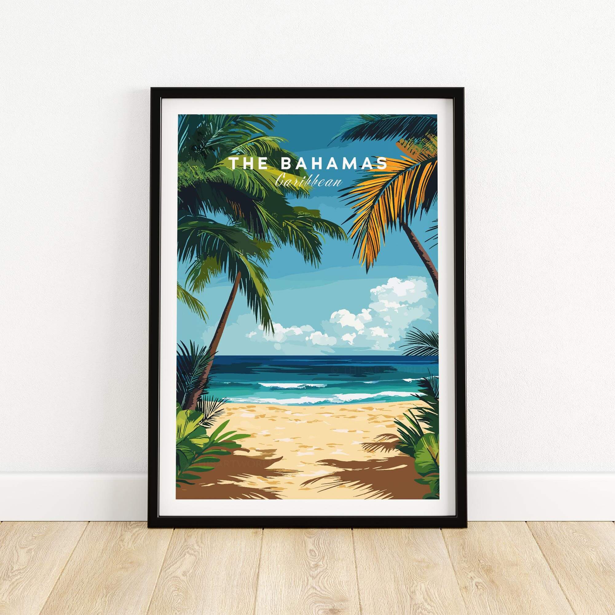 Bahamas Print featuring palm trees and a beach scene, capturing the essence of Caribbean paradise.
