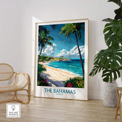Bahamas Travel Poster showcasing a tropical beach scene with palm trees and crystal-clear waters.