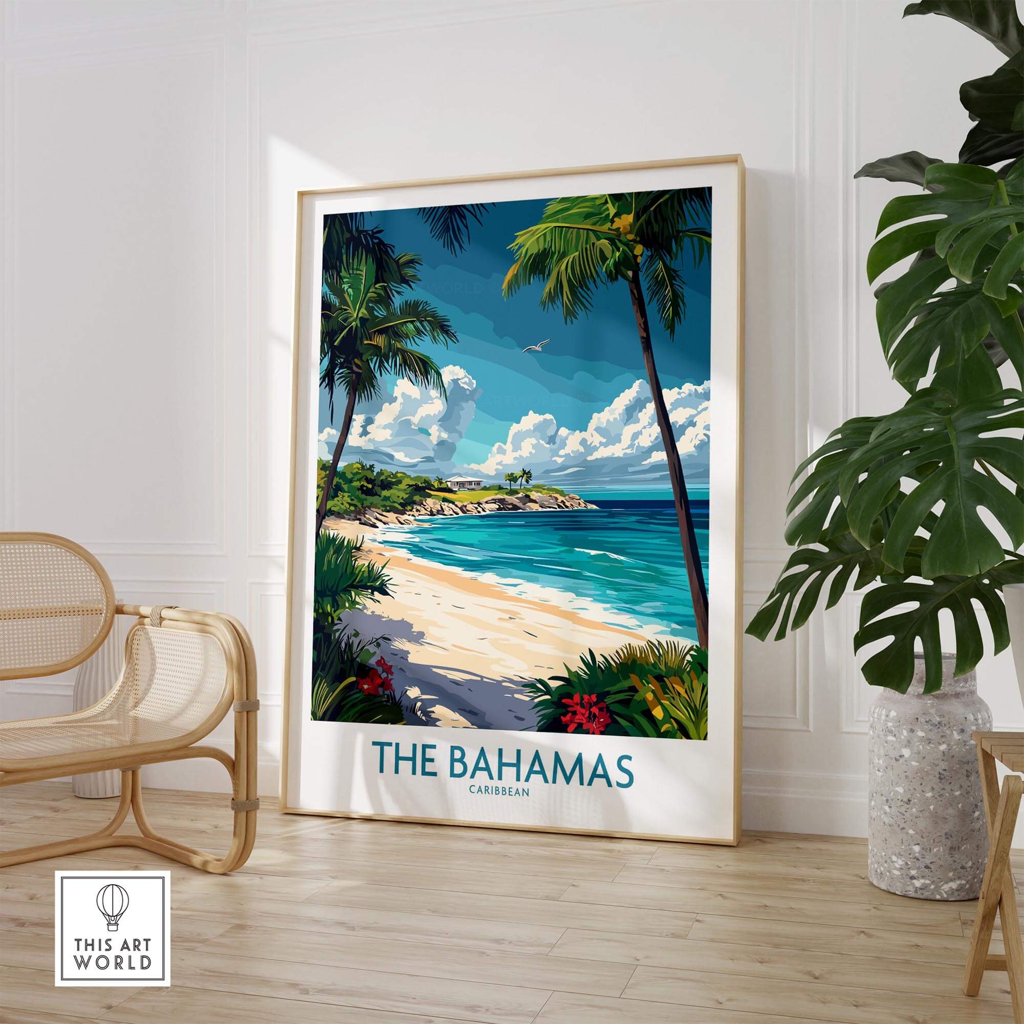 Bahamas Travel Poster showcasing a tropical beach scene with palm trees and crystal-clear waters.