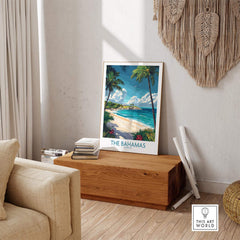Bahamas Travel Poster featuring a serene beach scene, adding a touch of paradise to your home decor.