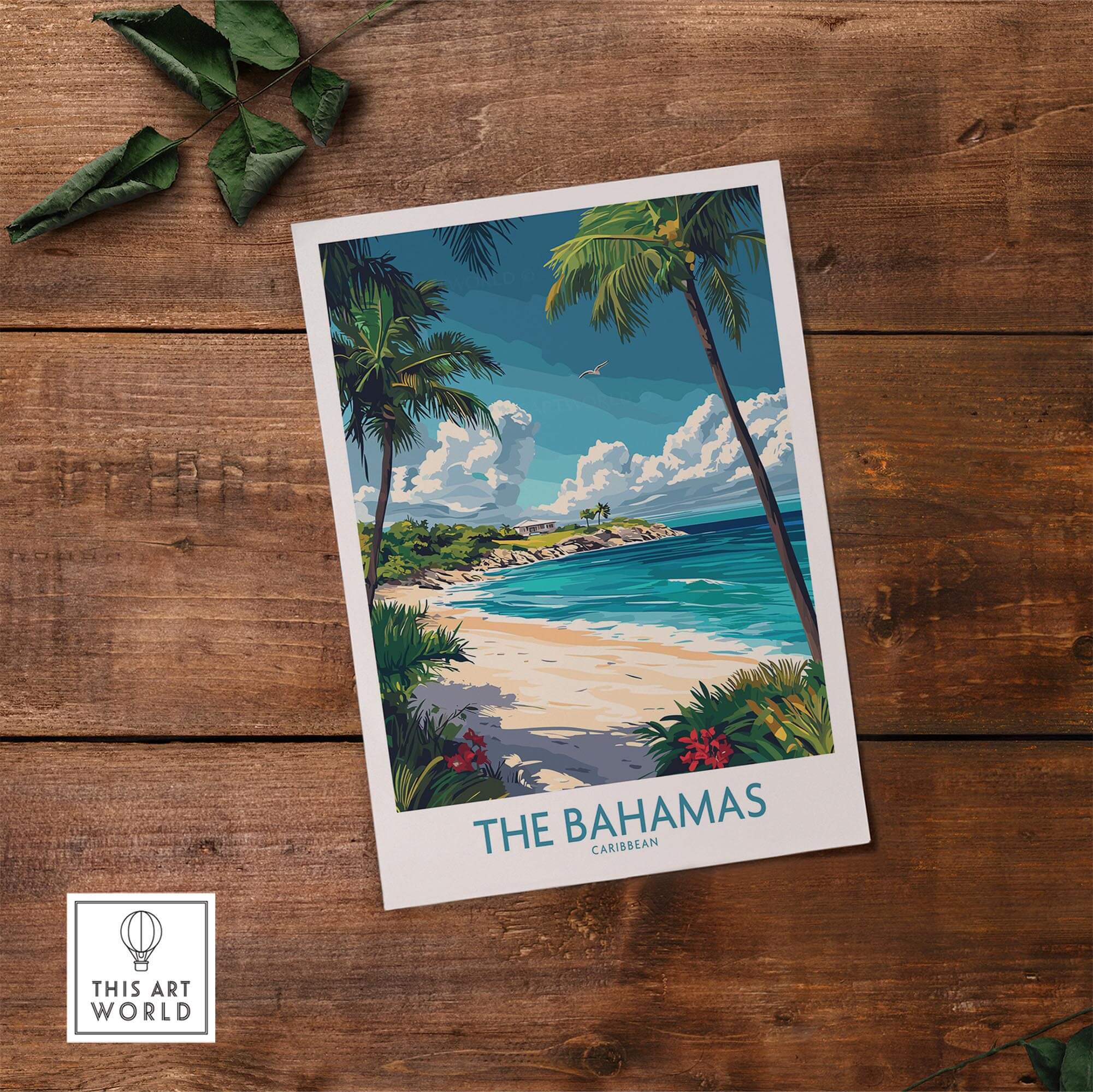 Bahamas Travel Poster featuring a tropical beach scene with palm trees and clear water, perfect for a wanderlust-inspired decor.