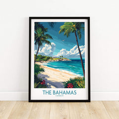 Bahamas Travel Poster featuring a tropical beach scene with palm trees and crystal-clear waters.
