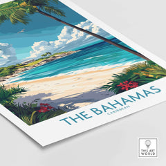 Bahamas Travel Poster showcasing a tropical beach scene with palm trees and crystal-clear waters.