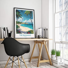 Bahamas Travel Poster featuring a scenic beach view, perfect for enhancing home decor with Caribbean island vibes.