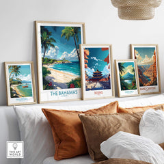 Bahamas Travel Poster displayed with other travel posters, showcasing tropical scenery and vibrant colors in a cozy setting.