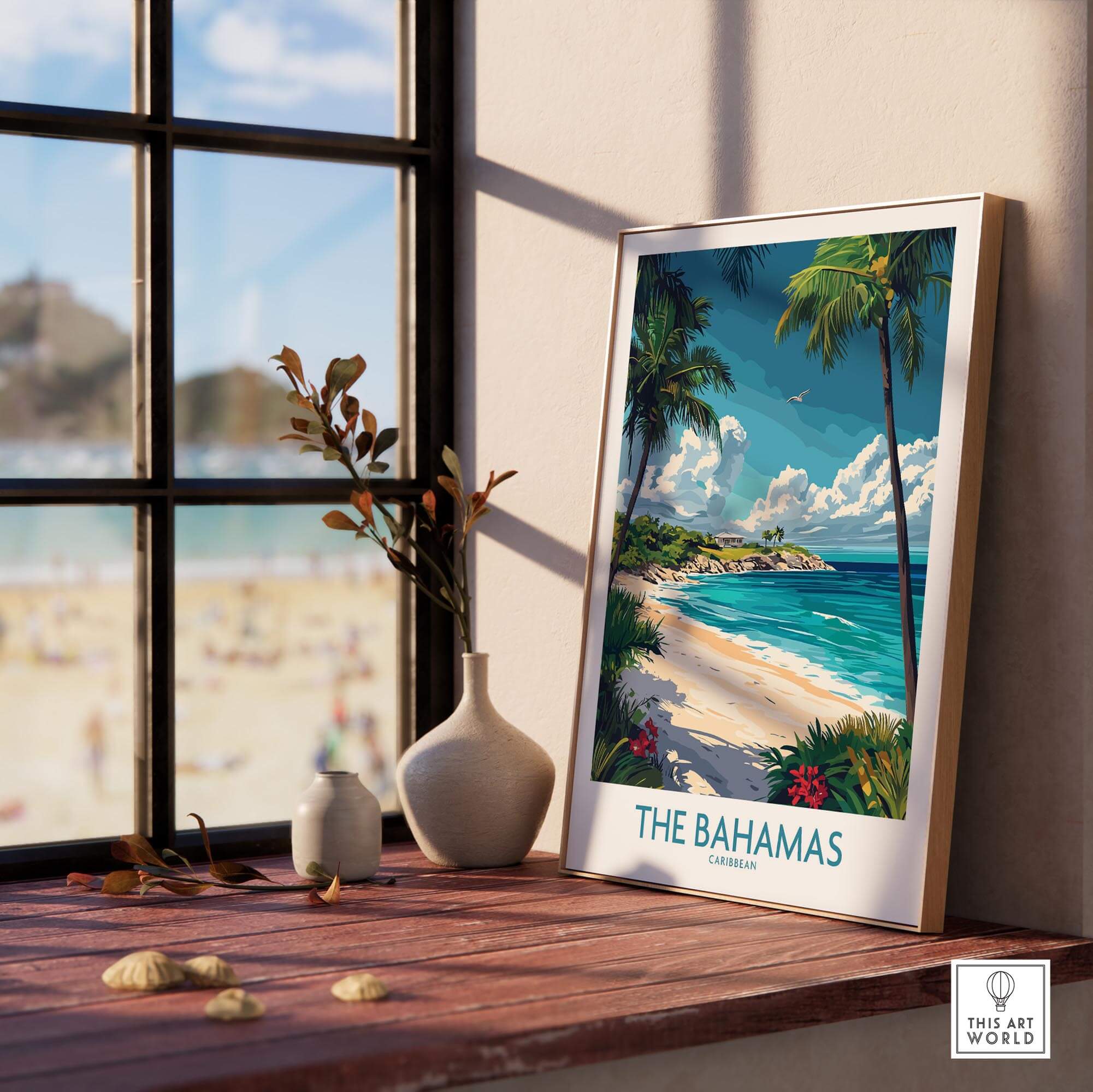Bahamas Travel Poster featuring a tropical beach scene with palm trees and clear waters, perfect for decor.
