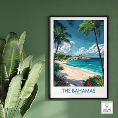 Bahamas Travel Poster featuring a serene beach and palm trees, perfect for adding a touch of paradise to your space.