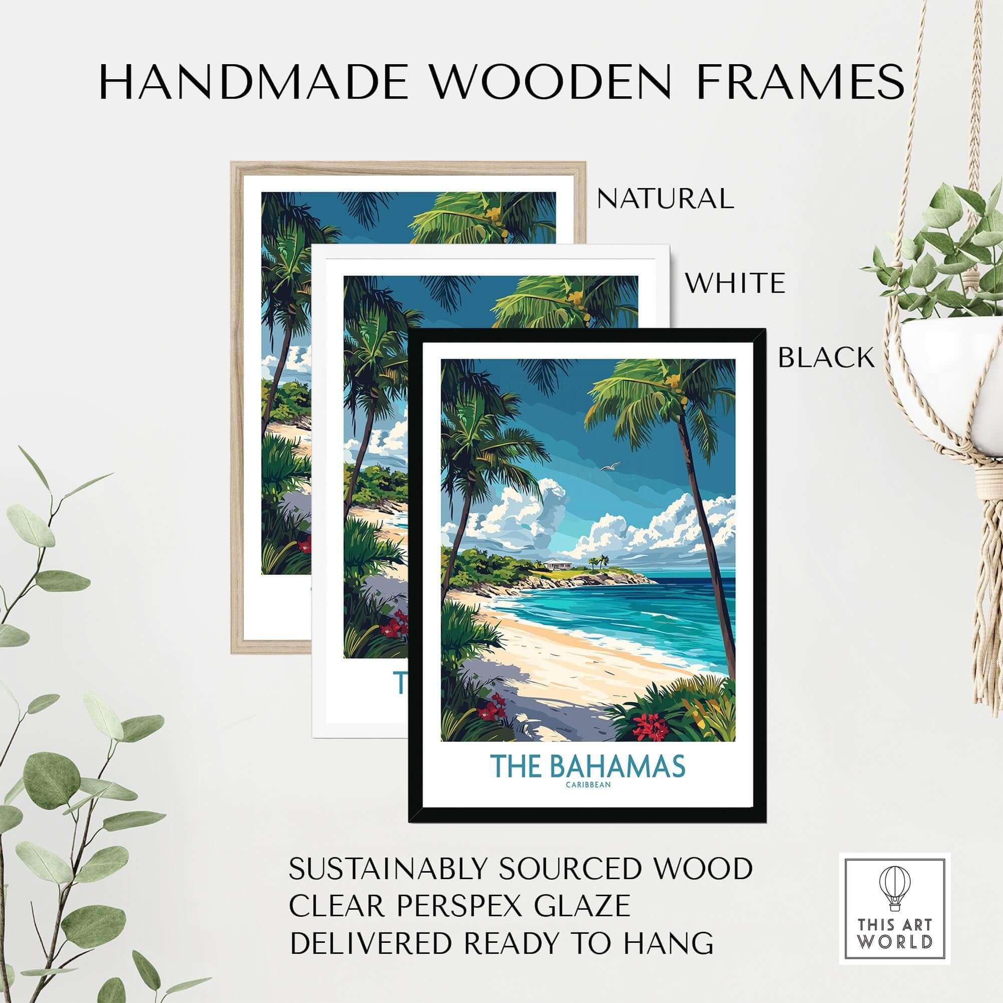 Bahamas Travel Poster displayed in handmade wooden frames in natural, white, and black finishes.