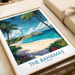 Bahamas Travel Poster featuring a scenic beach view with palm trees and crystal-clear waters, perfect for home decor.
