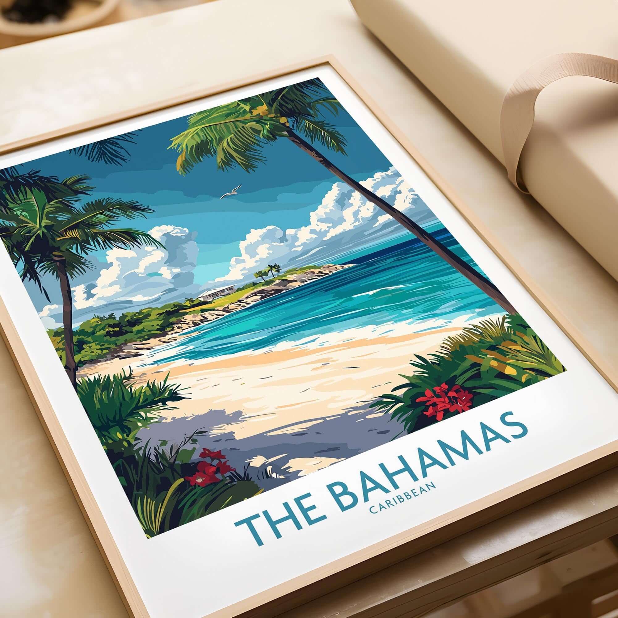 Bahamas Travel Poster featuring a scenic beach view with palm trees and crystal-clear waters, perfect for home decor.