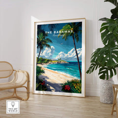 Bahamas Travel Print featuring a vibrant Caribbean beach scene with palm trees and turquoise water.
