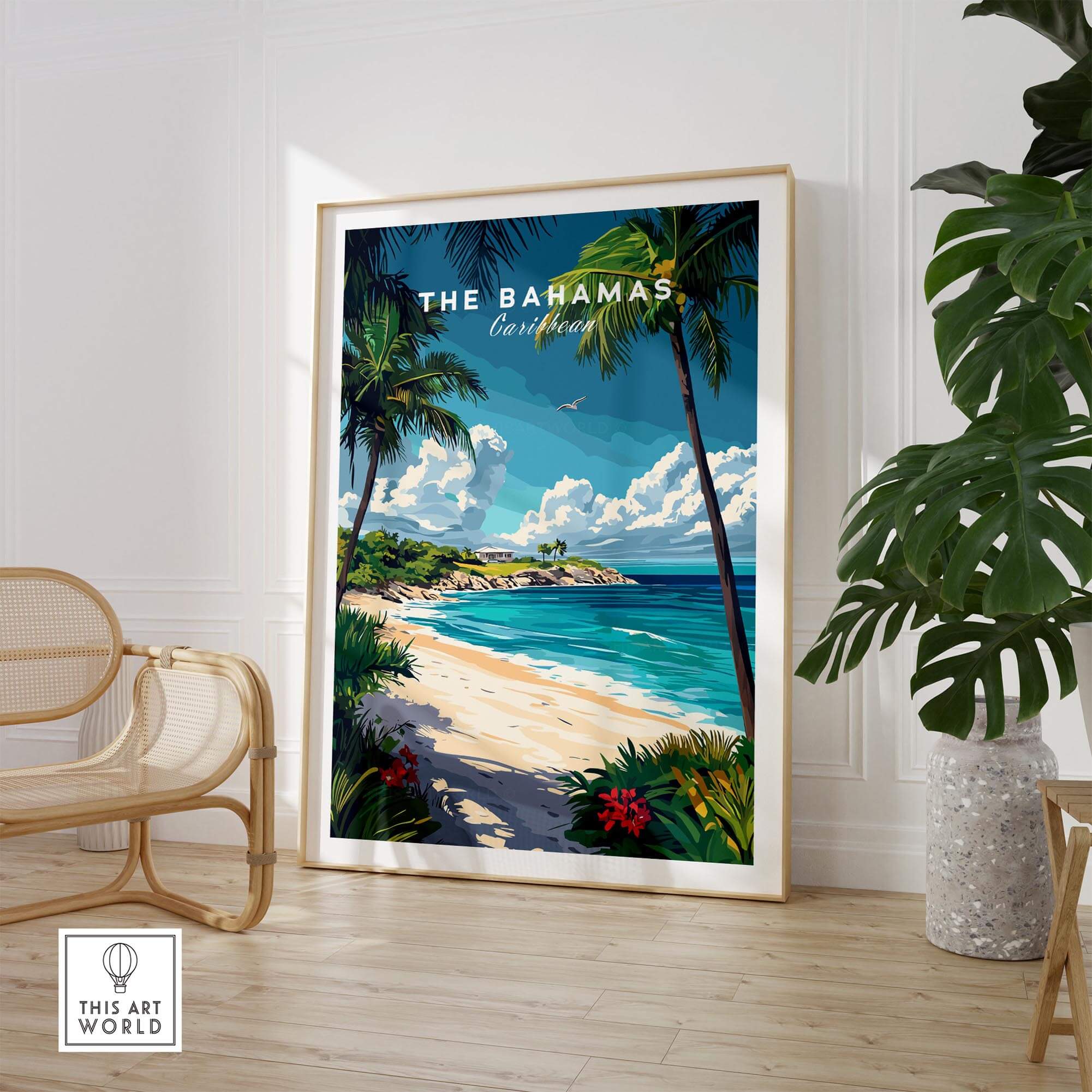 Bahamas Travel Print featuring a vibrant Caribbean beach scene with palm trees and turquoise water.