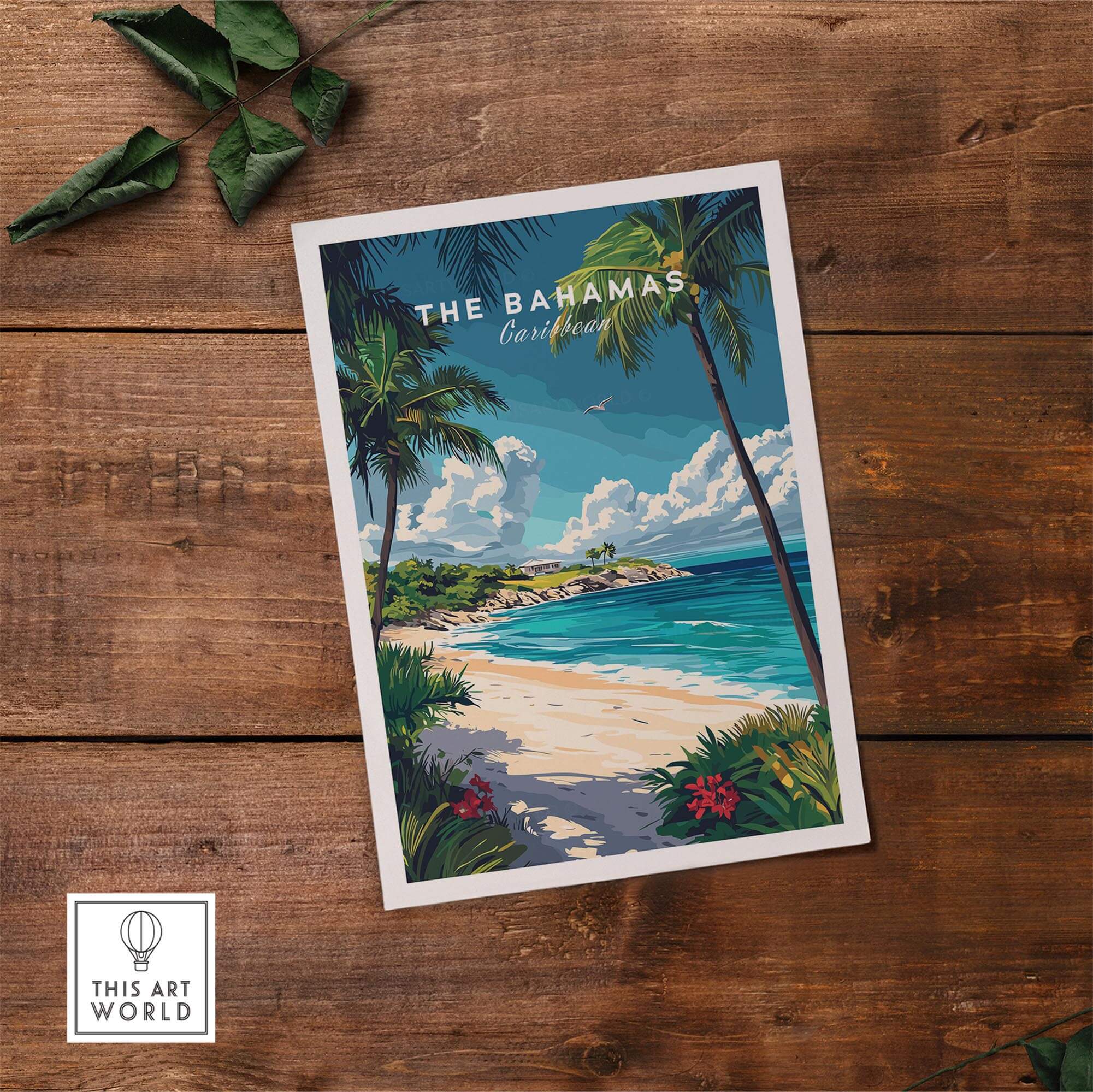 Bahamas Travel Print featuring vibrant beach scenery, palm trees, and clear blue skies, ideal for travel enthusiasts.