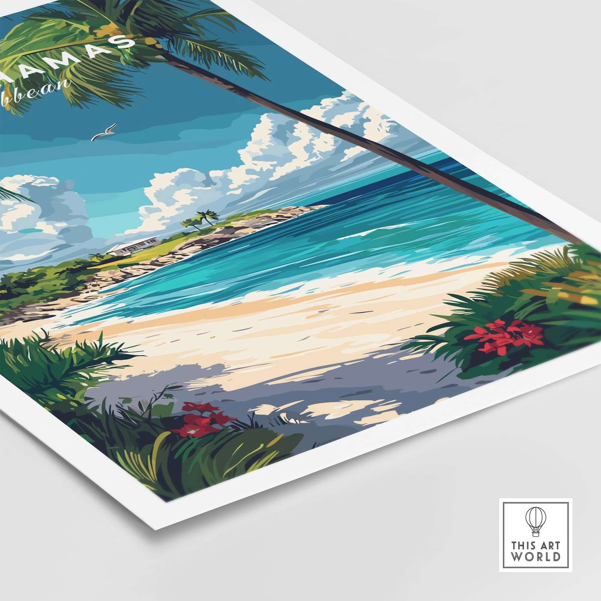 Bahamas Travel Print featuring a stunning beach scene with palm trees and vibrant colors, ideal for travel enthusiasts.