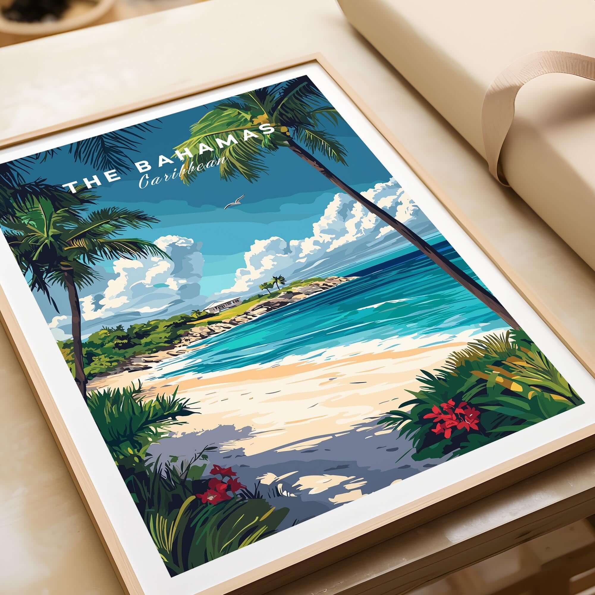 Bahamas Travel Print featuring a vibrant beach scene with palm trees and clear waters of the Caribbean Islands.
