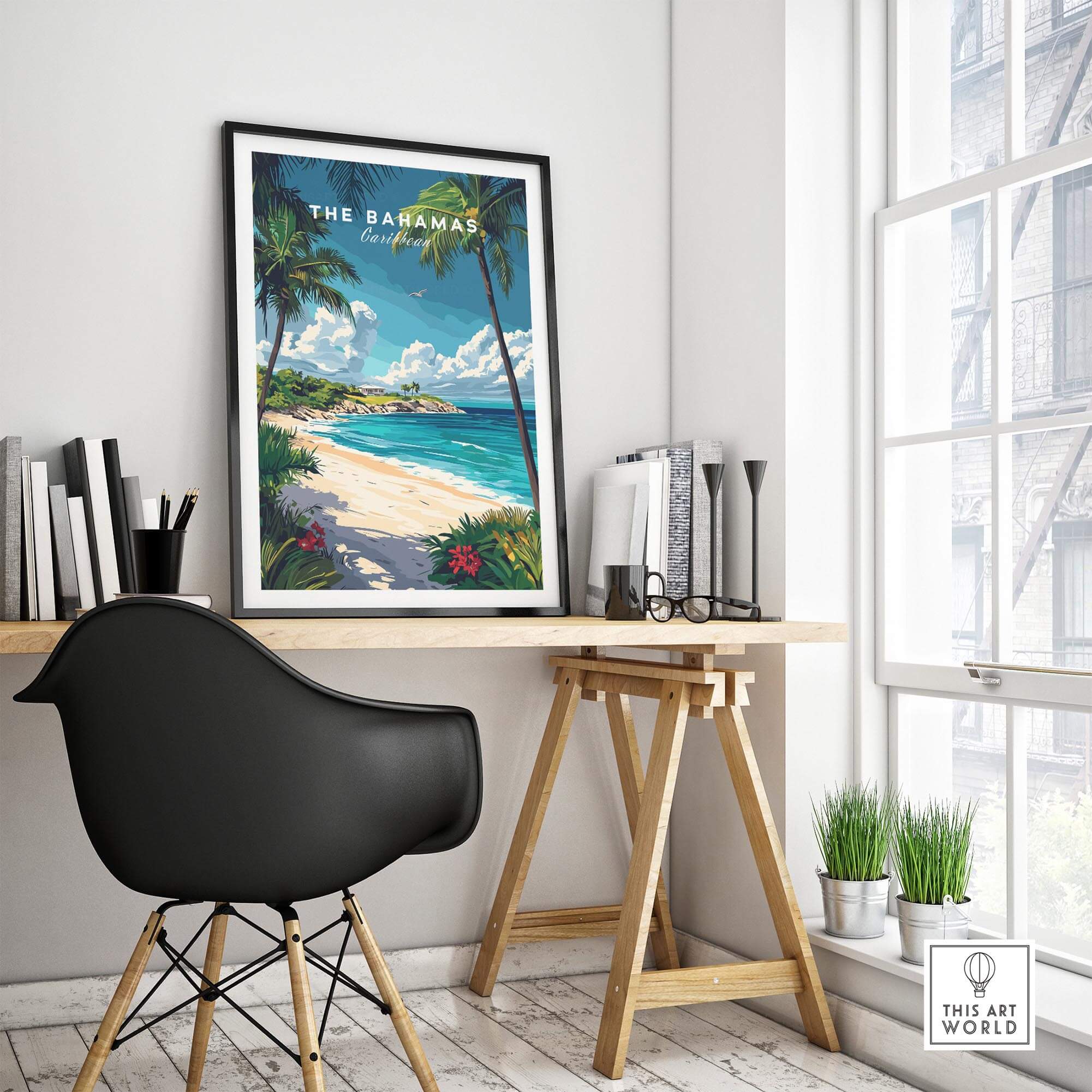 Bahamas Travel Print showcasing a vibrant Caribbean beach scene in a stylish workspace setting.