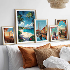 Bahamas Travel Print framed artwork showcasing beautiful Caribbean landscapes and colorful travel posters.