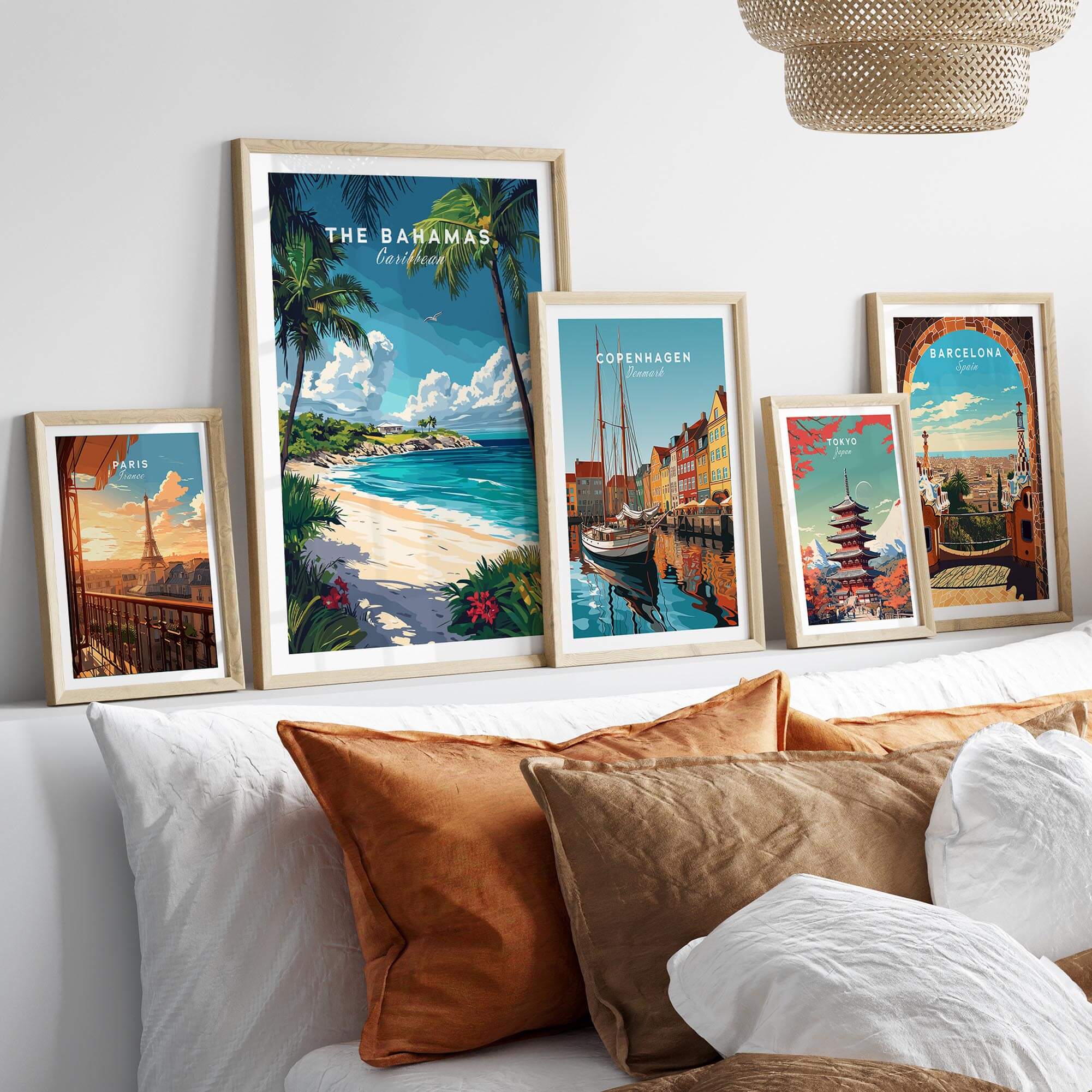 Bahamas Travel Print framed artwork showcasing beautiful Caribbean landscapes and colorful travel posters.