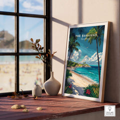 Bahamas Travel Print artwork featuring vibrant Caribbean scenery and palm trees, perfect for adding tropical decor.