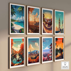 Bahamas Travel Print and other travel posters featuring iconic cities in vibrant colors.