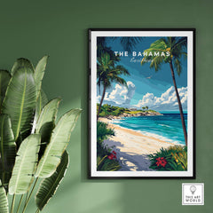 Bahamas Travel Print featuring vibrant tropical beach scenery with palm trees and clear blue water.