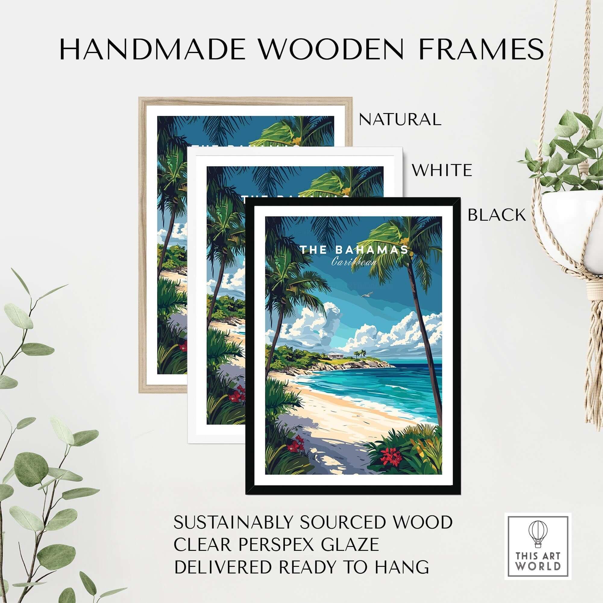 Bahamas Travel Print displayed in handmade wooden frames in natural, white, and black finishes, showcasing Caribbean paradise.