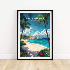 Bahamas Travel Print featuring a tropical beach scene with palm trees and vibrant ocean colors.