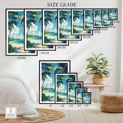 Bahamas Wall Art size guide showcasing various frame sizes for Caribbean Island Travel Posters.