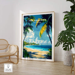 Bahamas Wall Art featuring vibrant tropical scene with palm trees and beach view in a stylish interior setting.