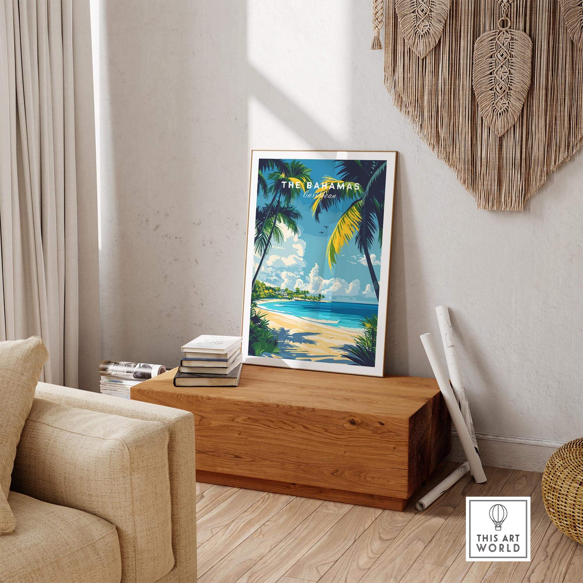 Bahamas Wall Art featuring a tropical beach scene with palm trees and soothing ocean waves.