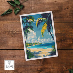 Bahamas Wall Art featuring a tropical beach scene with palm trees and clear blue skies.