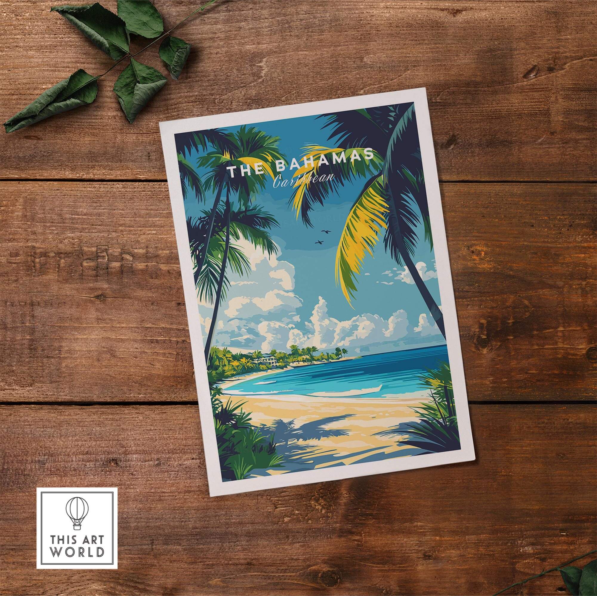 Bahamas Wall Art featuring a tropical beach scene with palm trees and clear blue skies.