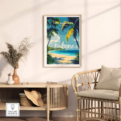 Bahamas Wall Art featuring a tropical beach scene with palm trees and clear blue water in a stylish living room setting.