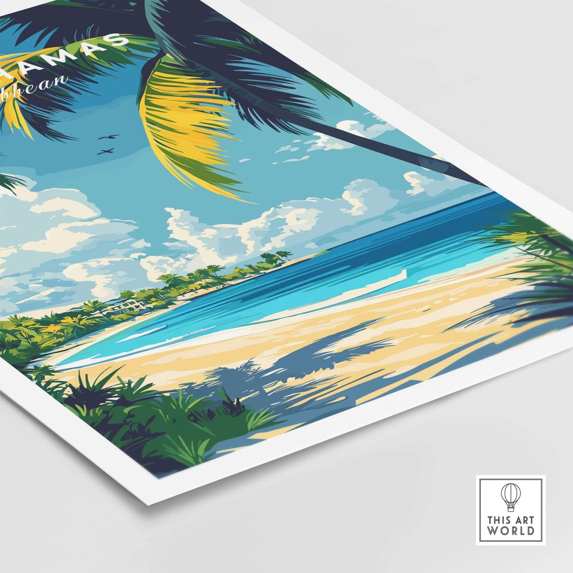 Bahamas Wall Art featuring a tropical beach scene with palm trees and clear blue skies.
