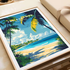 Bahamas Wall Art featuring a serene beach scene with palm trees and vibrant colors, perfect for tropical home decor.