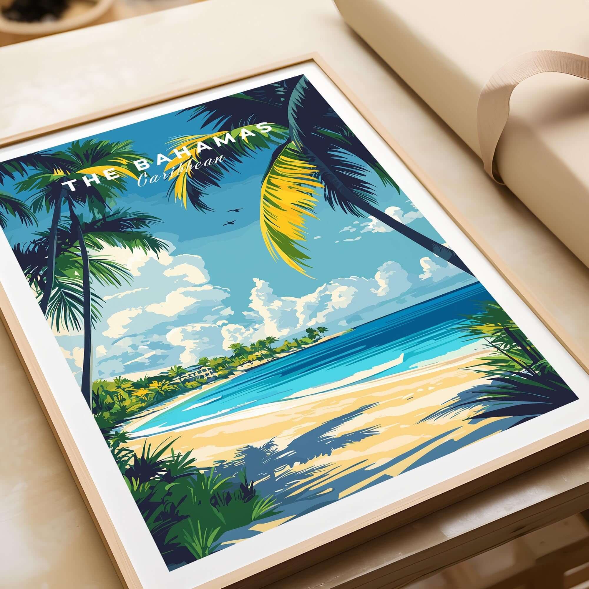 Bahamas Wall Art featuring a serene beach scene with palm trees and vibrant colors, perfect for tropical home decor.