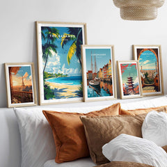 Bahamas Wall Art featuring colorful Caribbean Island Travel Posters arranged above a cozy sofa.