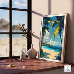 Bahamas Wall Art featuring a vibrant tropical beach scene with palm trees and a serene ocean view.