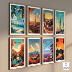 Stunning Bahamas Wall Art featuring tropical beach scenery and travel posters of global landmarks.