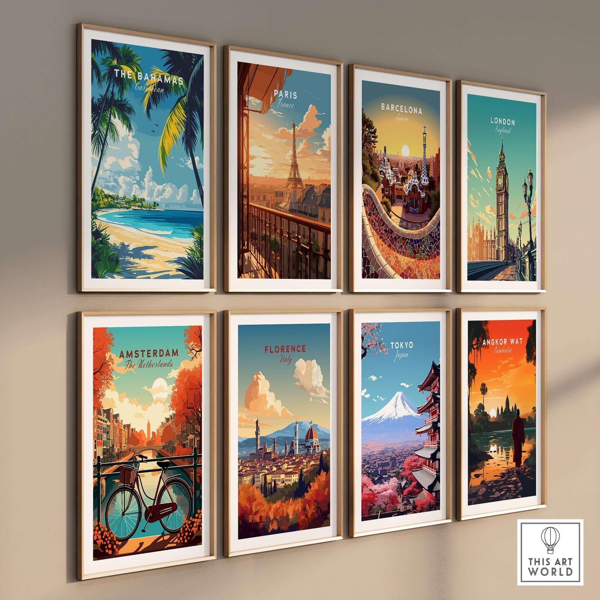 Stunning Bahamas Wall Art featuring tropical beach scenery and travel posters of global landmarks.